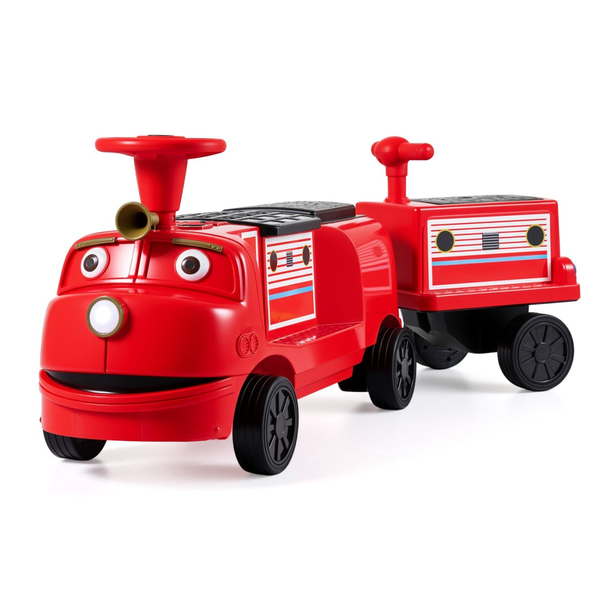 12V kids ride-on train by GBruno Store featuring a 3-seater design with a detachable carriage, suitable for young children.