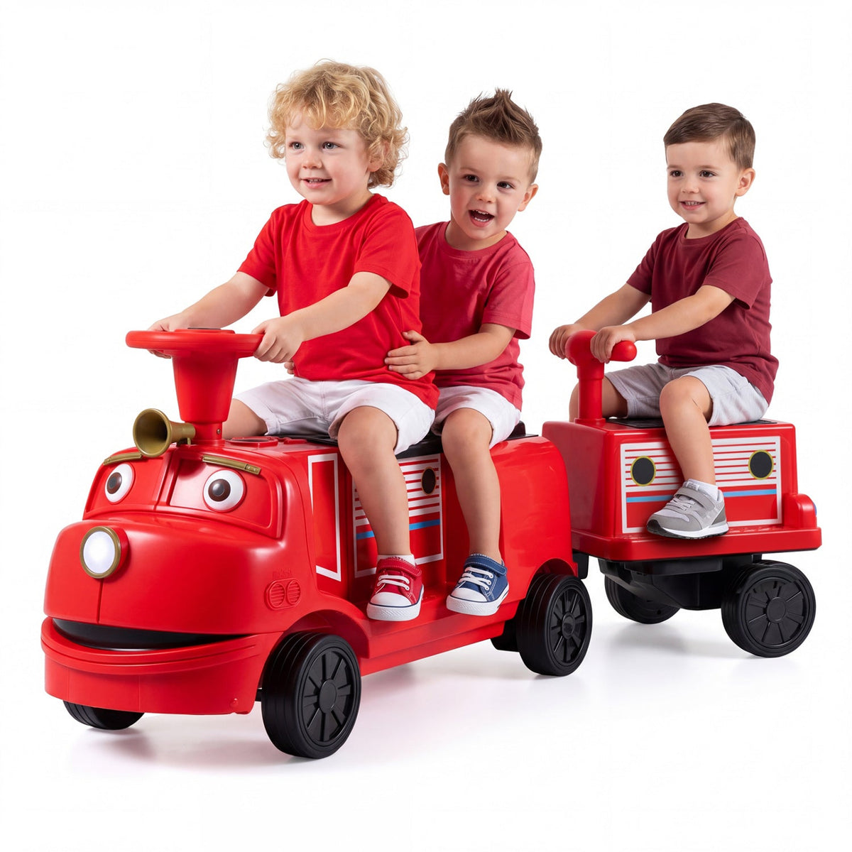 12V kids ride-on train by GBruno Store with three seats and a detachable carriage, perfect for young children’s outdoor play.