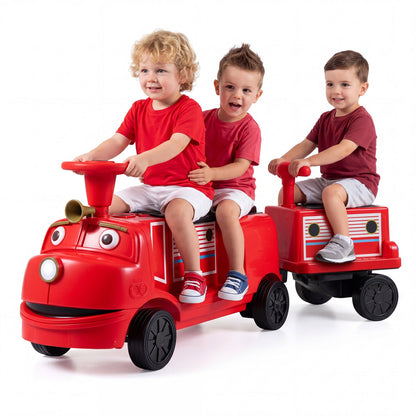 12V kids ride-on train by GBruno Store with three seats and a detachable carriage, perfect for young children’s outdoor play.