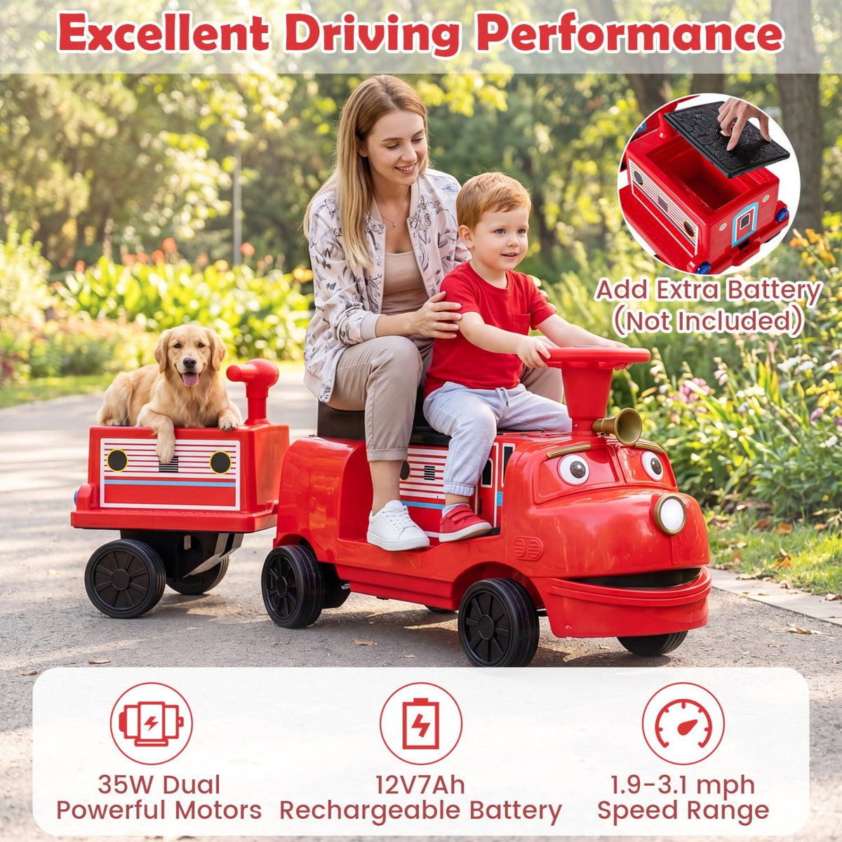 12V kids ride-on train with three seats and detachable carriage, GBruno Store toy for children to enjoy outdoor play.