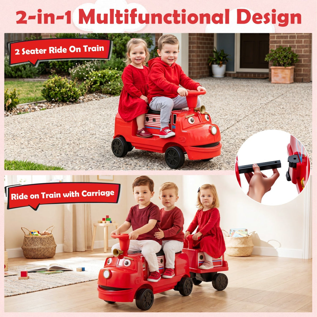 12V kids ride-on train with 3-seater and detachable carriage, GBruno Store ride-on toy for children, realistic train design