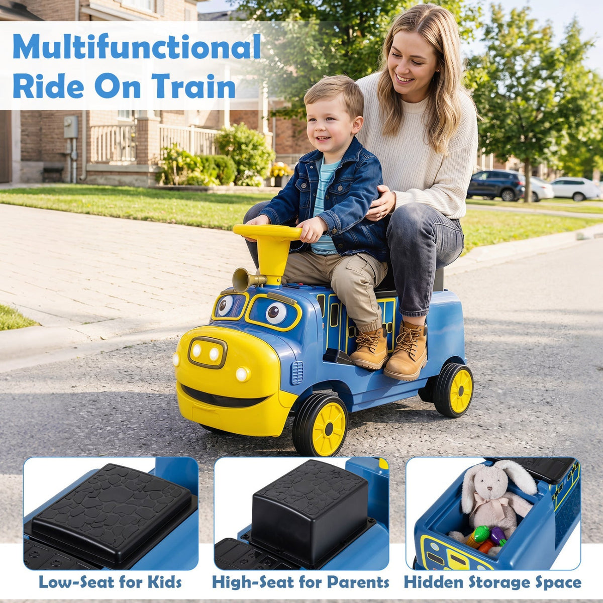 12V kids ride-on train with three seats and detachable carriage, GBruno Store ride-on toy for children, realistic train design