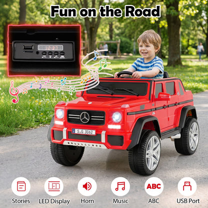12V Mercedes-Benz kids ride-on toy car with remote control, featuring realistic design and detailed Mercedes branding.