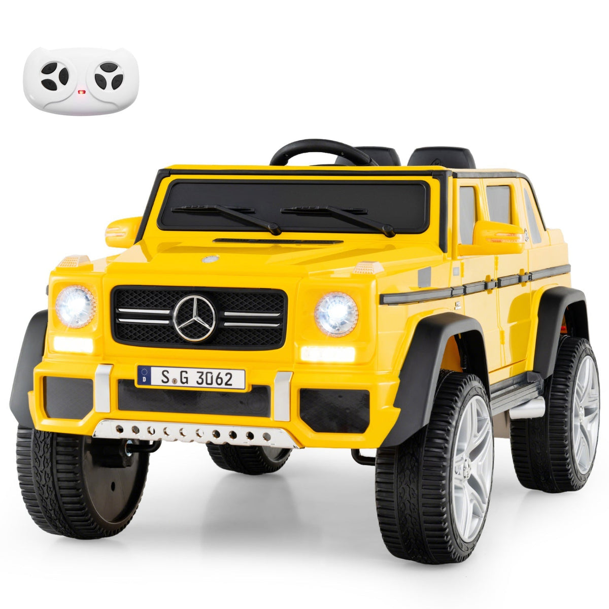12V Mercedes-Benz kids ride-on toy car with remote control, featuring realistic design and detailed exterior in the image.