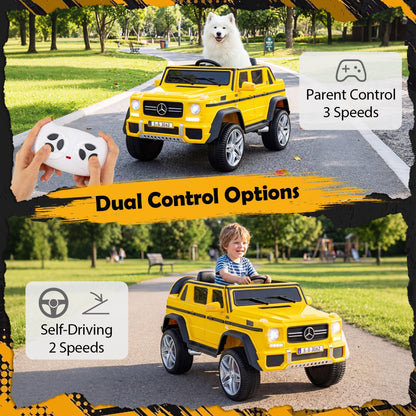 12V licensed Mercedes-Benz kids ride-on car with remote control, featuring realistic design and detailed exterior for children.