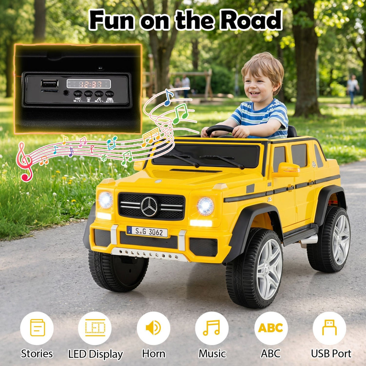 12V Mercedes-Benz kids ride-on car with remote control, detailed replica toy for children, featuring realistic design and safety features.