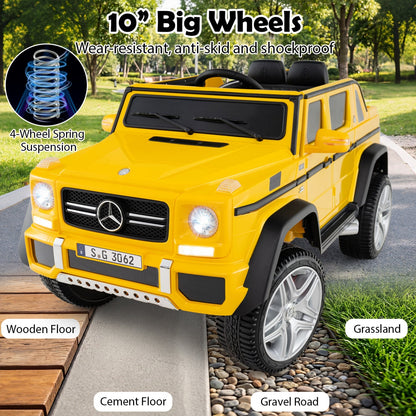12V Mercedes-Benz kids ride-on car with remote control, featuring realistic design and brand logo for children’s outdoor play.