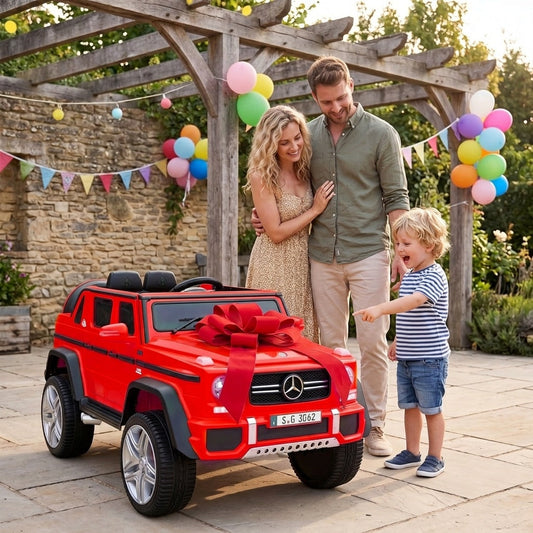12V Mercedes-Benz kids ride-on toy car with remote control, featuring realistic design and detailed Mercedes branding.