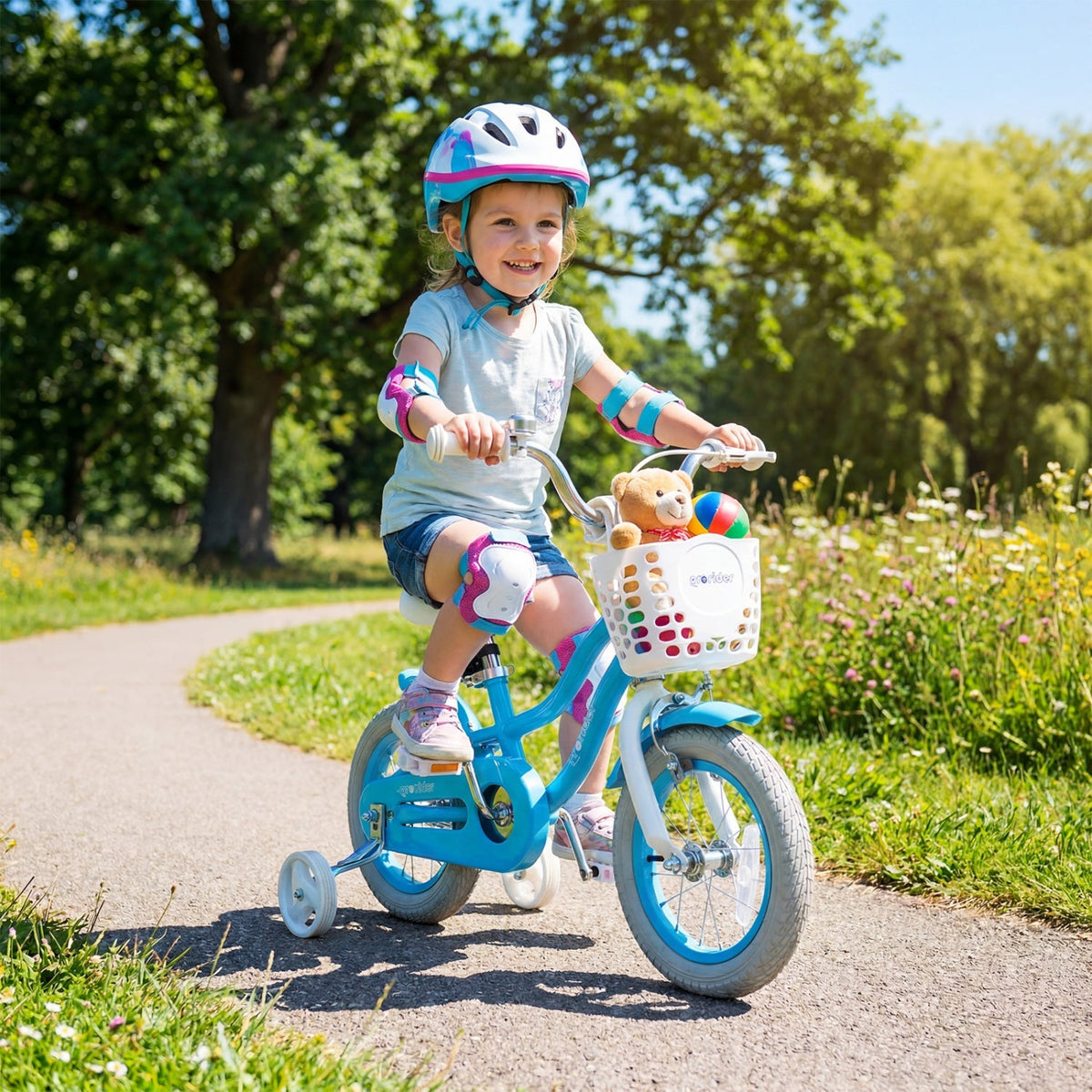 Kids bike with 12-inch wheels, training wheels, and adjustable seat by GBruno Store, suitable for young children learning to ride.