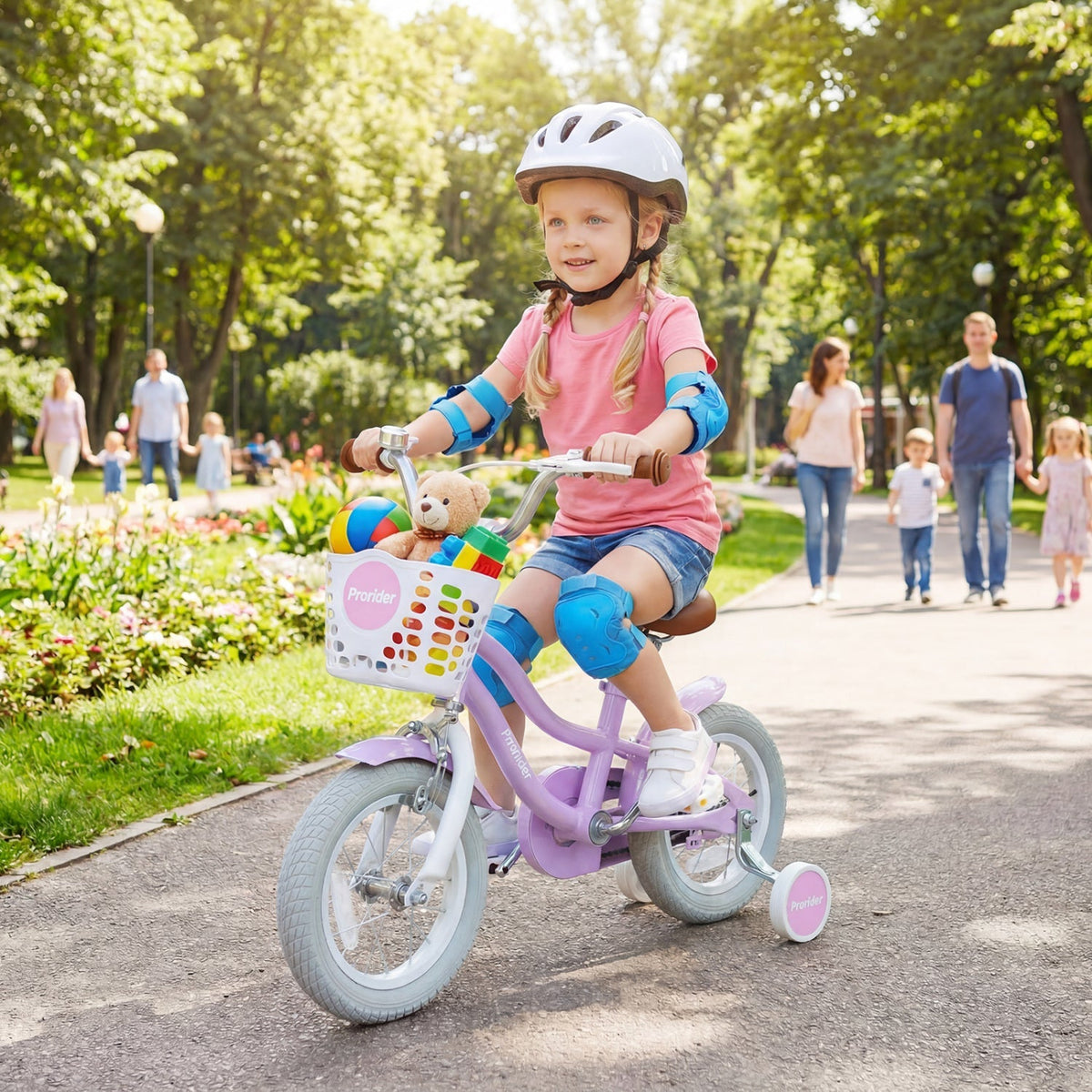 Kids bike with 12-inch wheels, training wheels, and storage basket, featuring colorful frame and safety grips from GBruno Store.