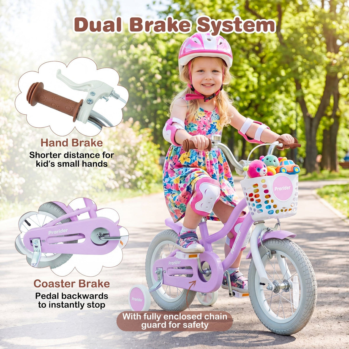 Kids bike with 12-inch wheels, training wheels, and storage basket, featuring a colorful frame and adjustable seat.