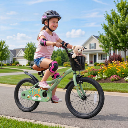 Green 12-inch girls' kids bike with training wheels and front basket, perfect for beginner riders.