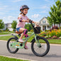 Green 12-inch girls' kids bike with training wheels and front basket, perfect for beginner riders.