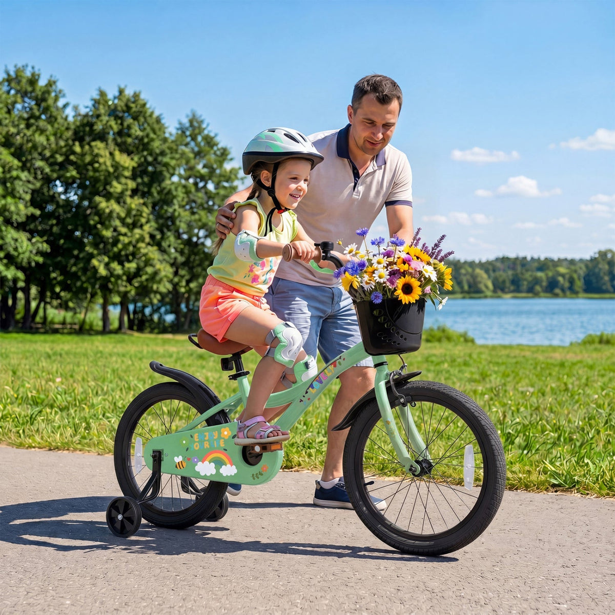 Girls 12-inch green kids bike with training wheels and front basket, ideal for young children learning to ride.