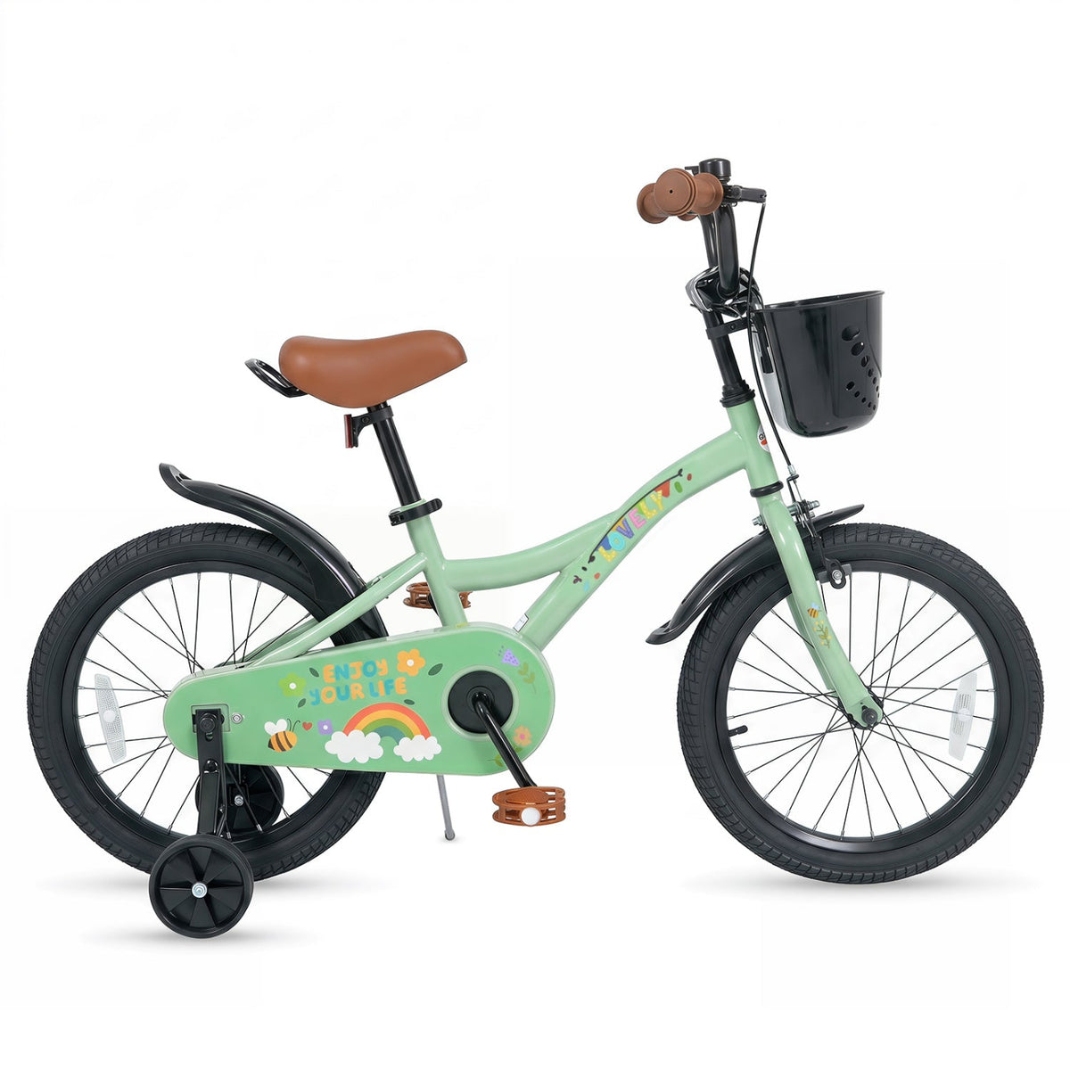Green girls' kids bike with 12-inch wheels, training wheels, and front basket, ideal for young children learning to ride.