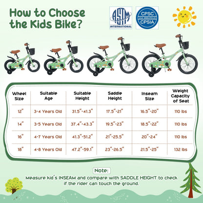 Green girls' kids bike with 12-inch wheels, training wheels, and front basket, ideal for young children learning to ride.