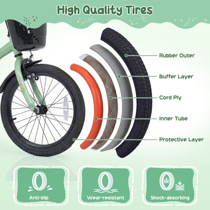 Green 12-inch girls' kids bike with training wheels and basket, perfect for young children learning to ride.