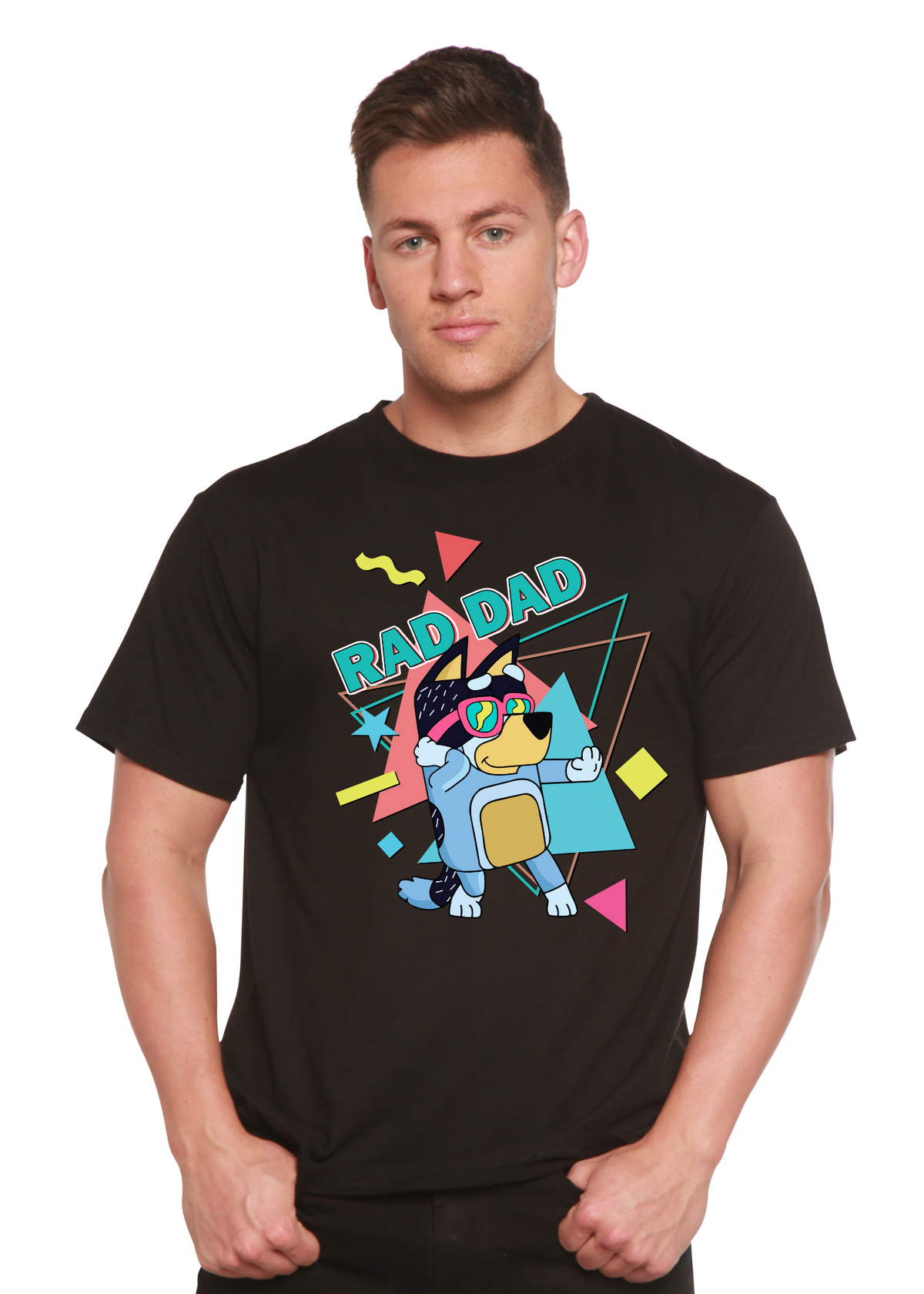 Men's blue Rad Dad Bluey graphic T-shirt by Spun Bamboo, short sleeve bamboo shirt with printed design for casual wear.