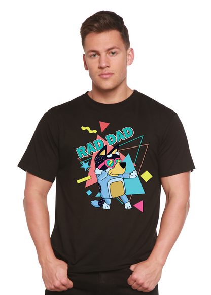 Men's blue Rad Dad Bluey graphic T-shirt by Spun Bamboo, short sleeve bamboo shirt with printed design for casual wear.