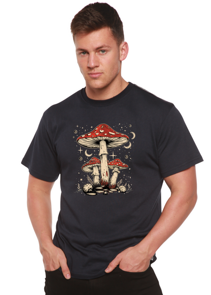 Men's Boho Retro Hippie Mushrooms graphic T-shirt by Spun Bamboo, featuring natural bamboo and cotton fabric with colorful mushroom print.