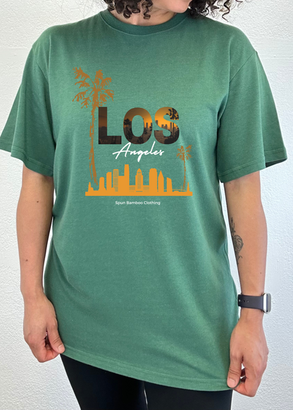 Spun Bamboo men's graphic T-shirt made of bamboo viscose and organic cotton with a Los Angeles print, short sleeve, unisex style.
