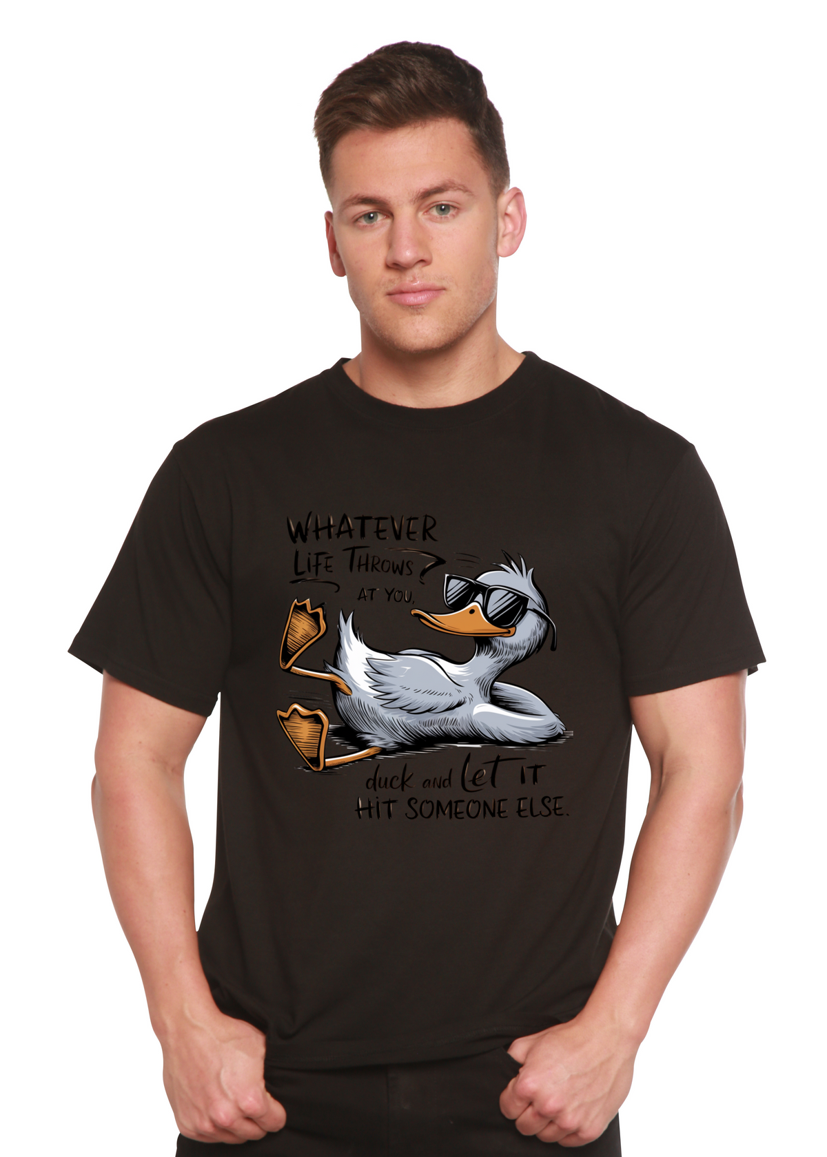 Unisex bamboo cotton graphic T-shirt with humorous "Whatever Life Throws at You" print, by Spun Bamboo, in a casual mens style.