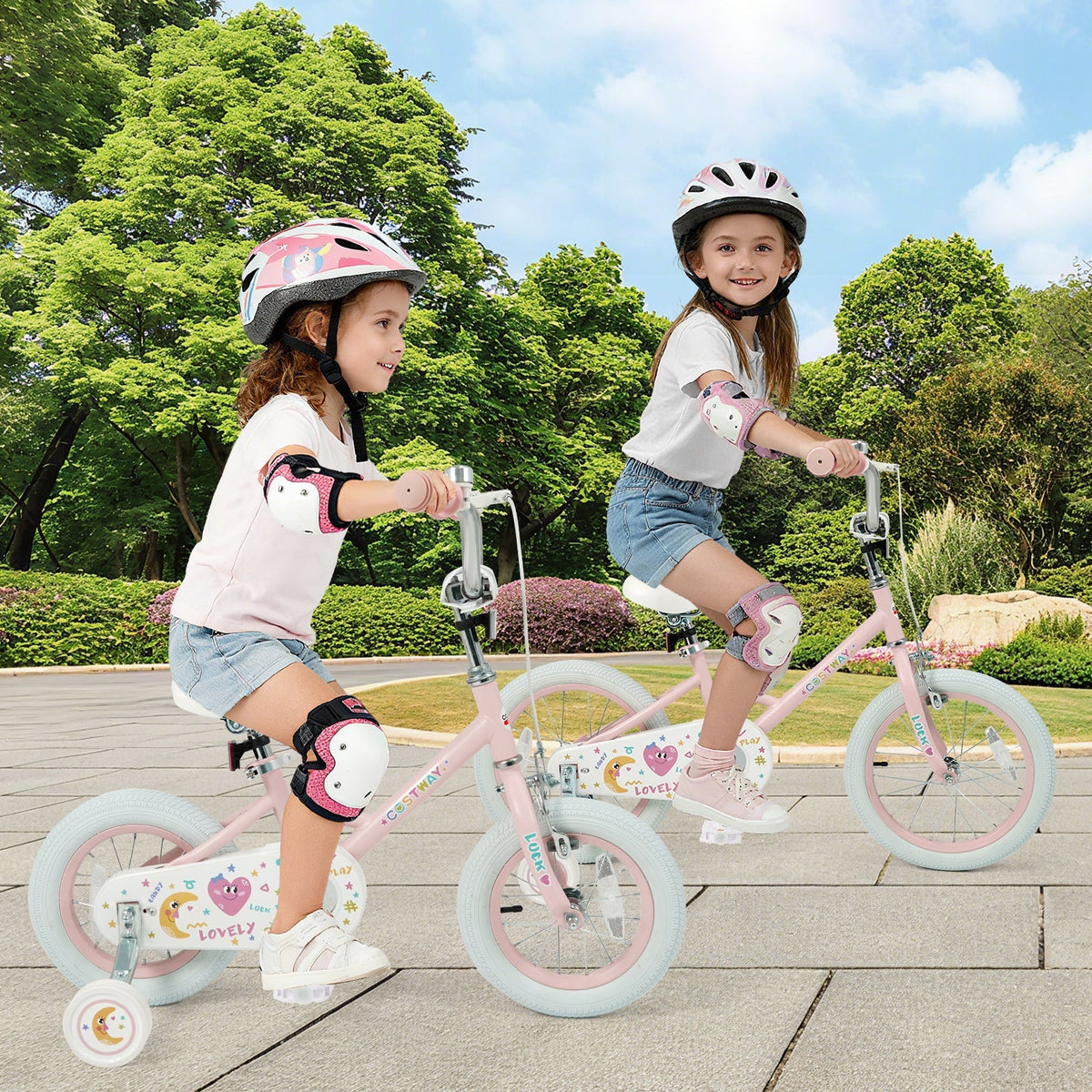 Pink kids bike with stars and moon design, 12-inch size with training wheels, ideal for young children learning to ride.