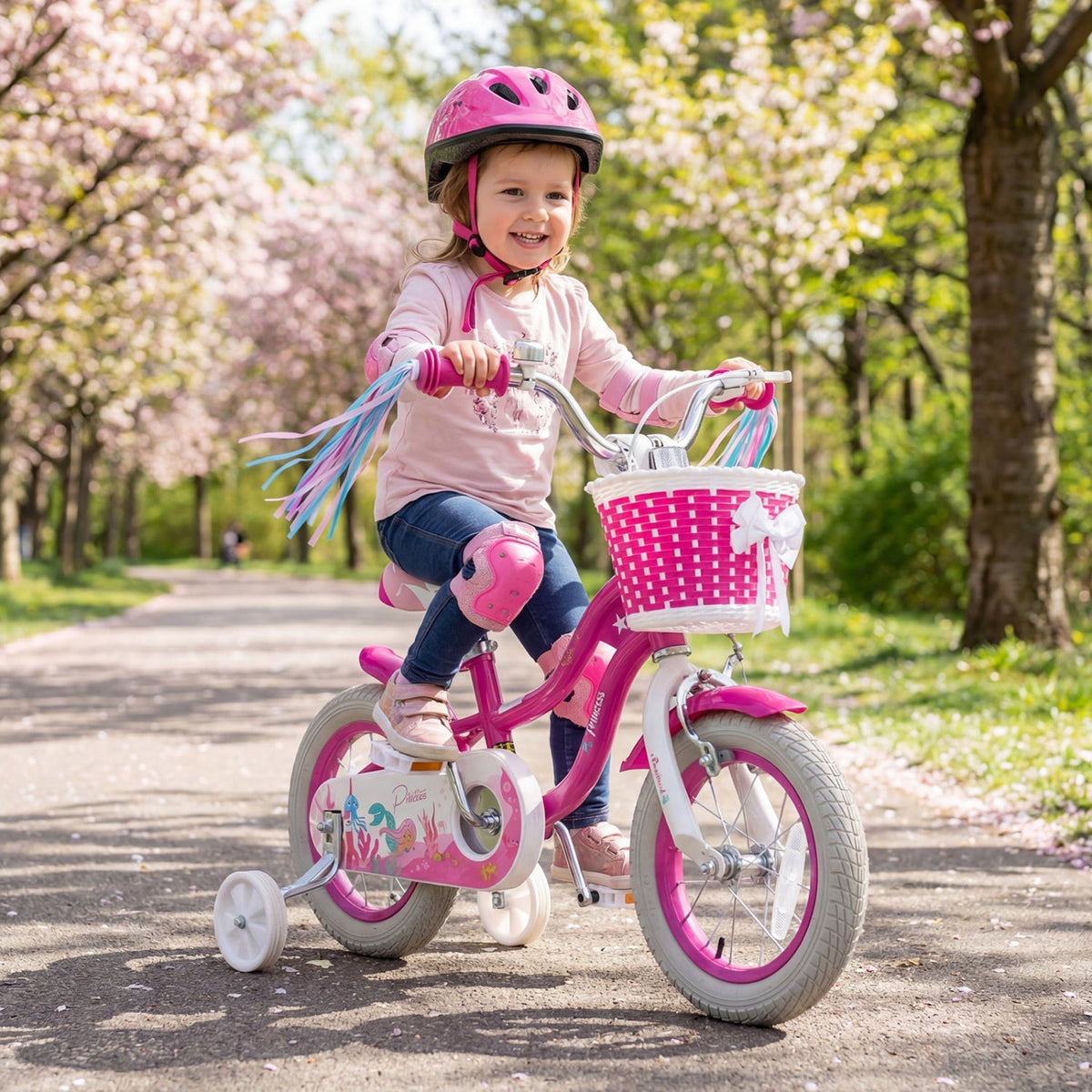 Pink 18-inch kids bike with training wheels and front basket, GBruno Store, suitable for young children learning to ride.
