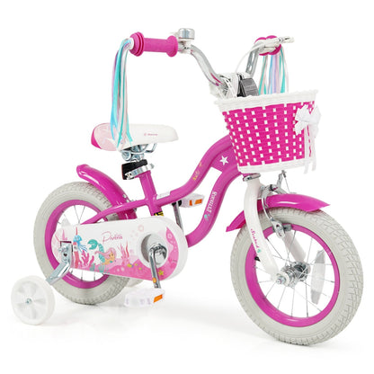 Pink 18-inch kids bike with training wheels and front basket, GBruno Store, perfect for young children learning to ride.