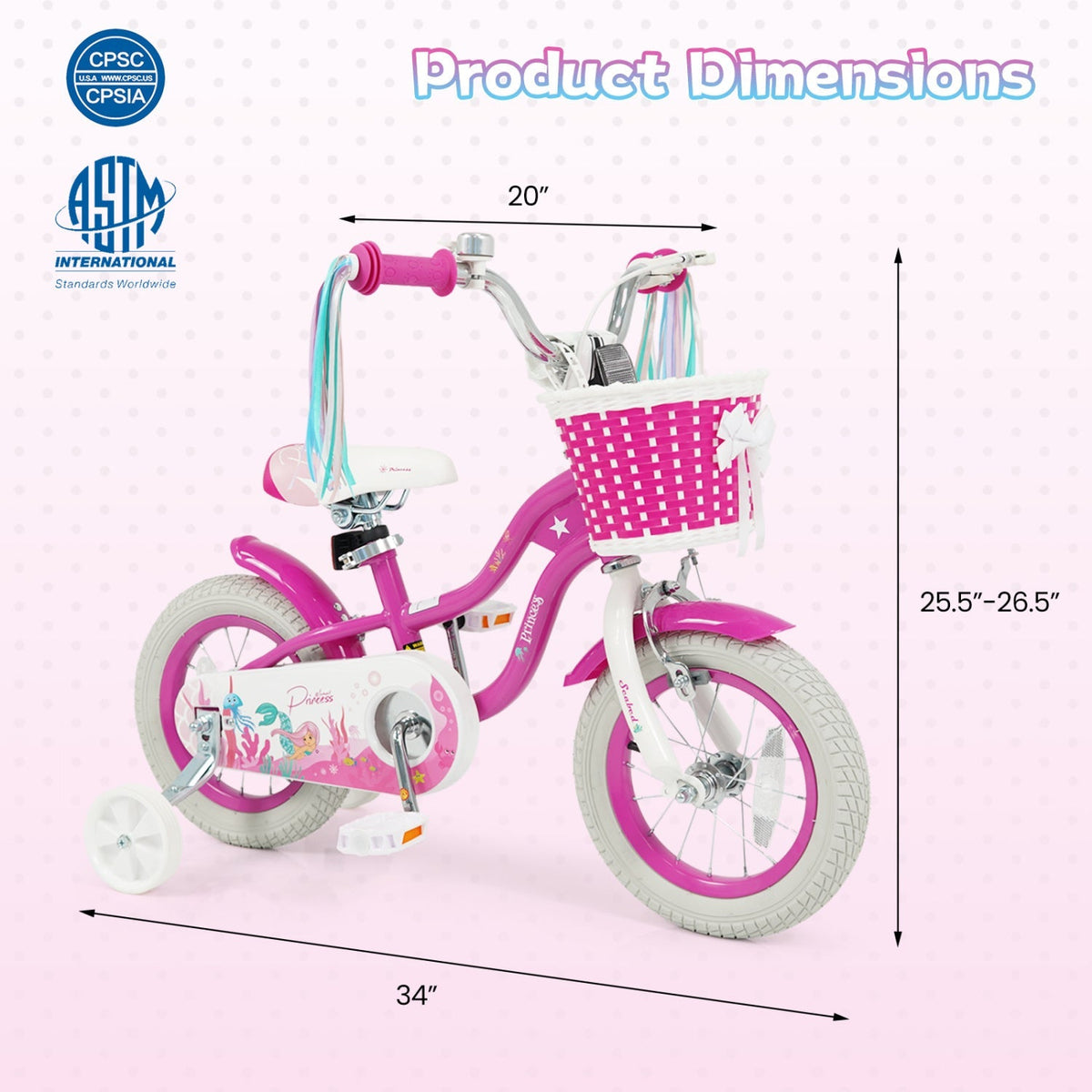 Pink 18-inch kids bike with training wheels and basket, featuring a rose red frame and sturdy design perfect for young riders.