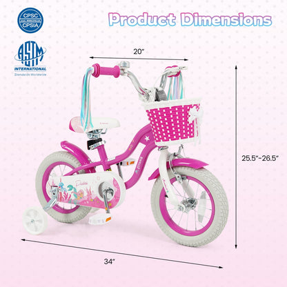 Pink 18-inch kids bike with training wheels and basket, featuring a rose red frame and sturdy design perfect for young riders.