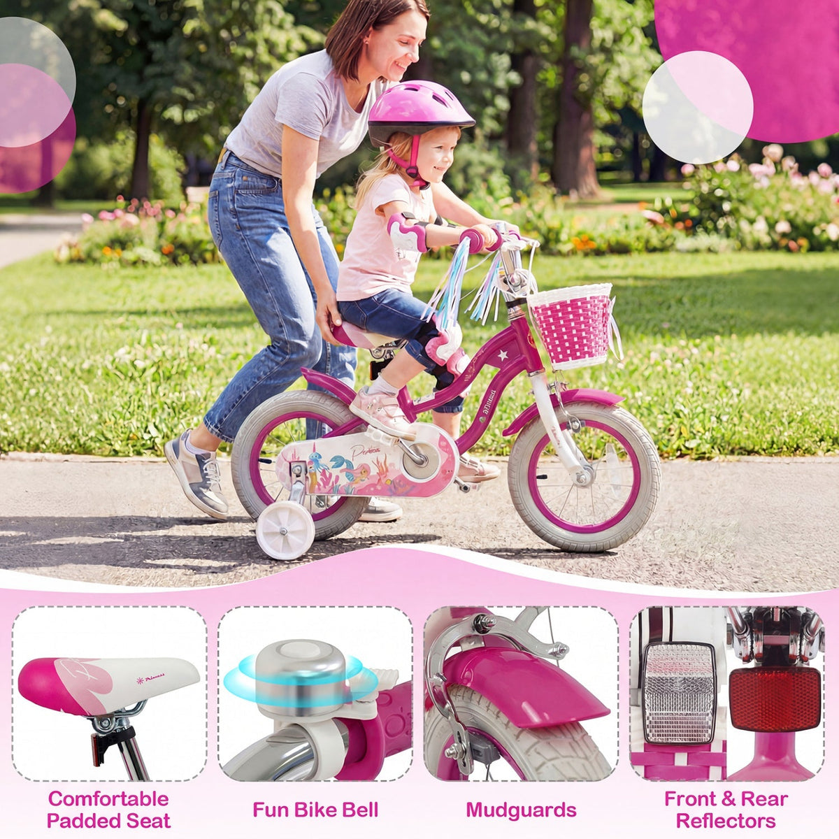 Pink 18-inch kids bike with training wheels and front basket, designed for children, by GBruno Store.