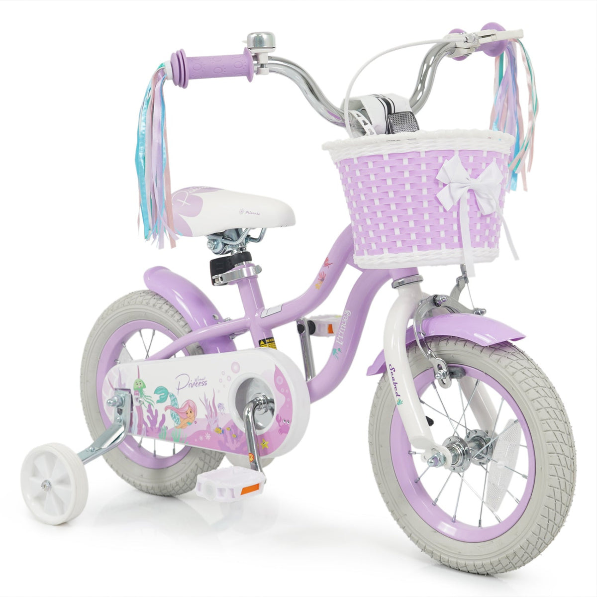 Purple kids bike with training wheels, 12-inch size, featuring a front basket and sturdy frame for young riders.