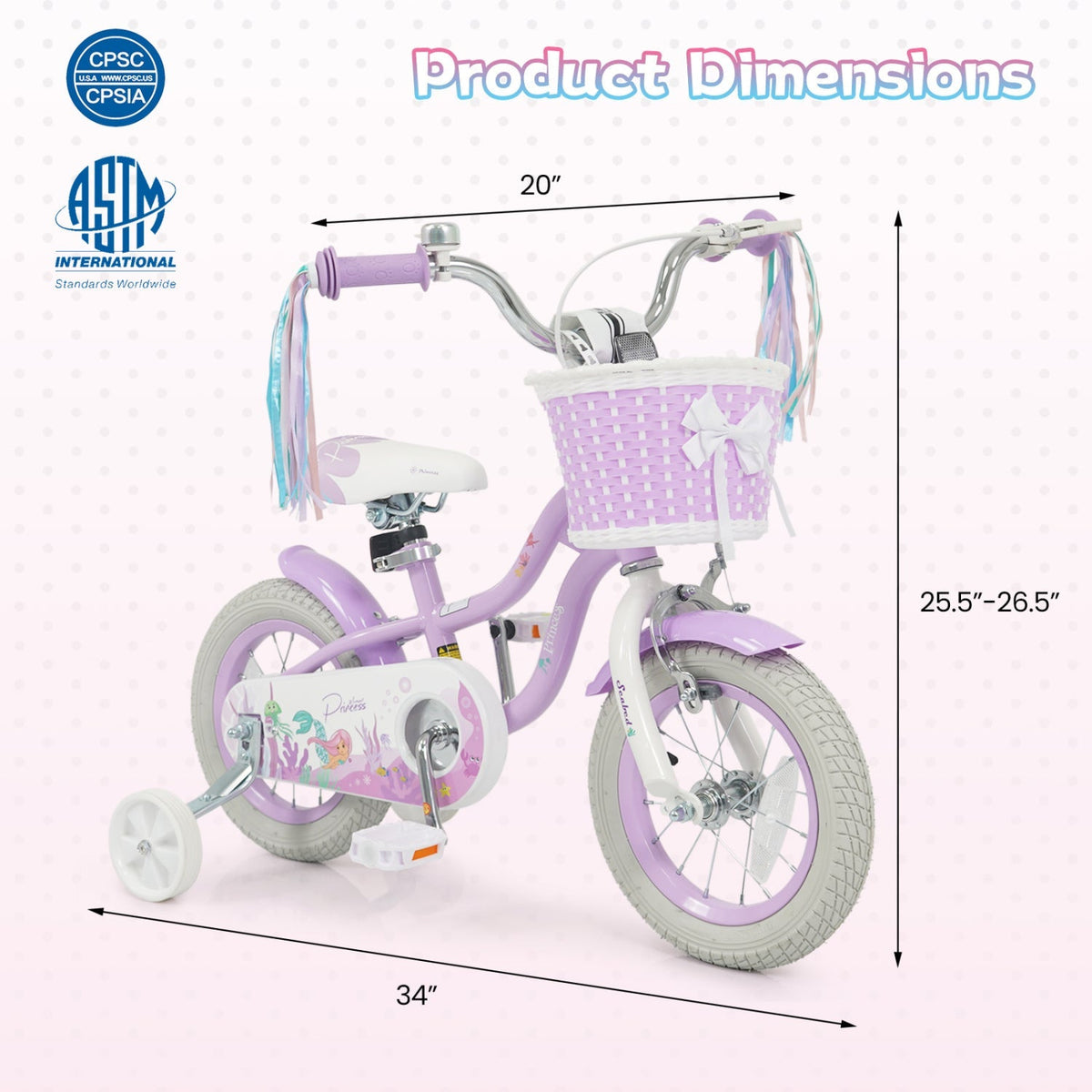 Purple kids bike with training wheels and front basket, 12-inch size, designed for young children by GBruno Store.