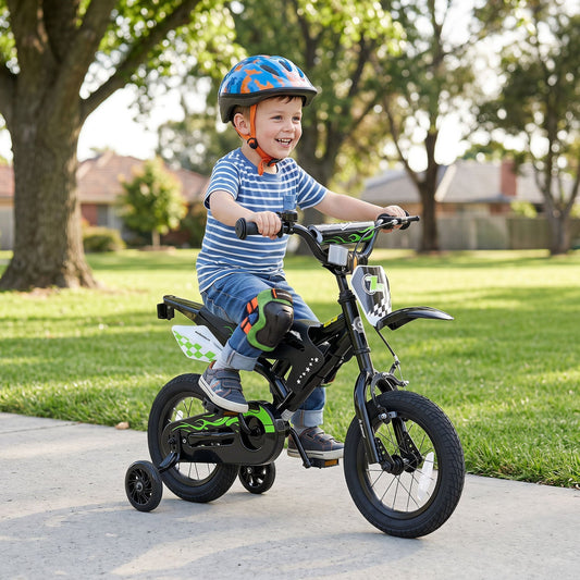 12-inch kids bike with training wheels from GBruno Store, designed for children ages 3 to 4, featuring colorful frame and safety grips.