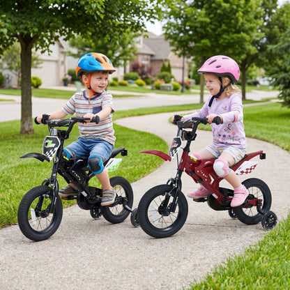 12-inch kids bike with training wheels for ages 3-4, featuring a colorful frame and sturdy tires for beginner riders.
