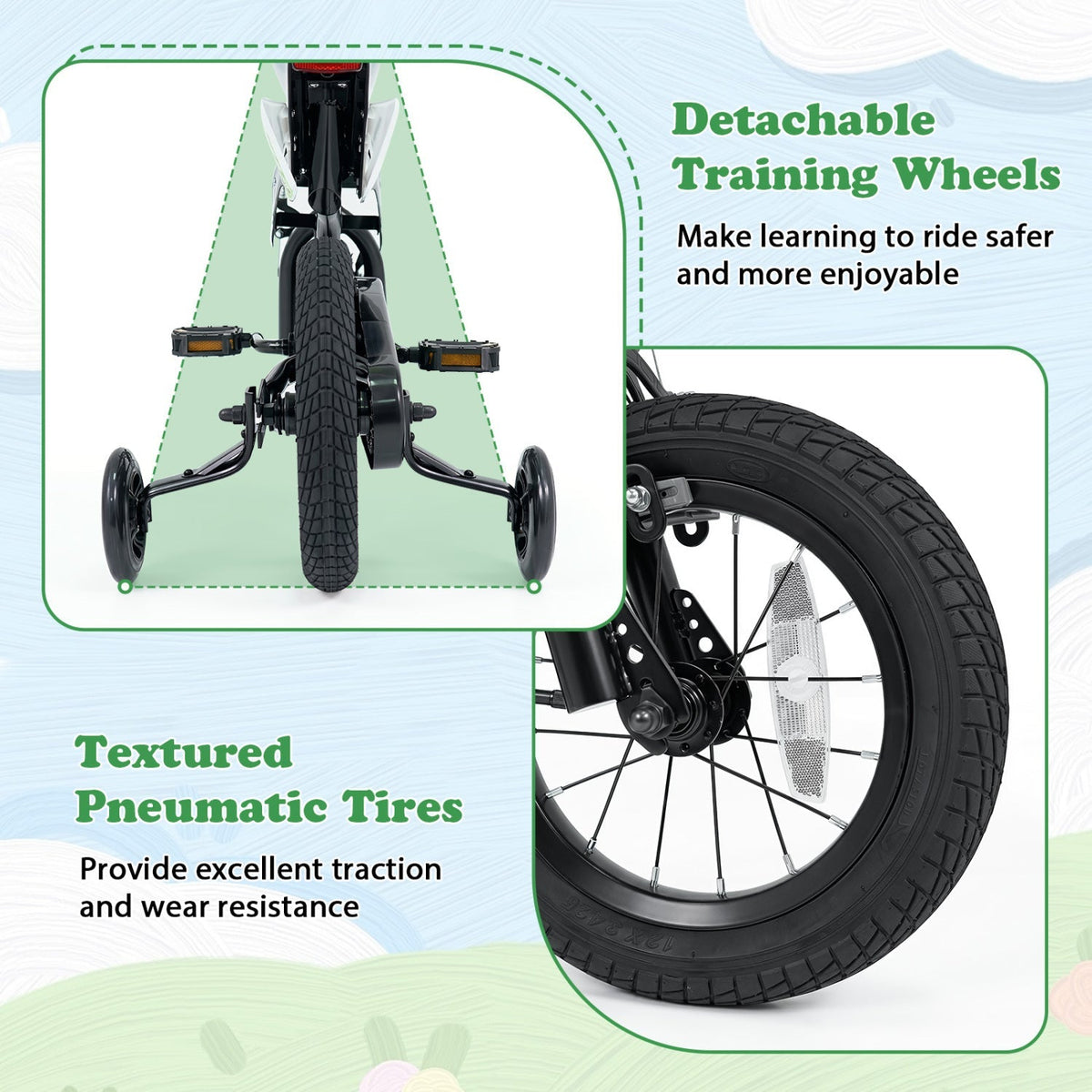 12-inch kids bike with training wheels for ages 3-4, colorful GBruno Store children's bicycle with safety features.