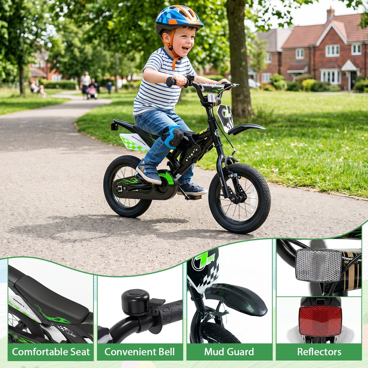 12-inch kids bike with training wheels for ages 3-4, featuring a colorful frame and sturdy design for young children.