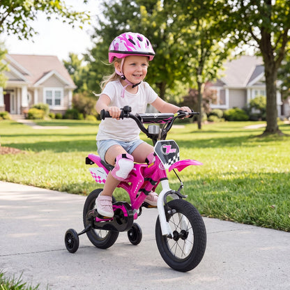 12-inch kids bike with training wheels in blue, designed for children ages 3-4, featuring a sturdy frame and colorful accents.