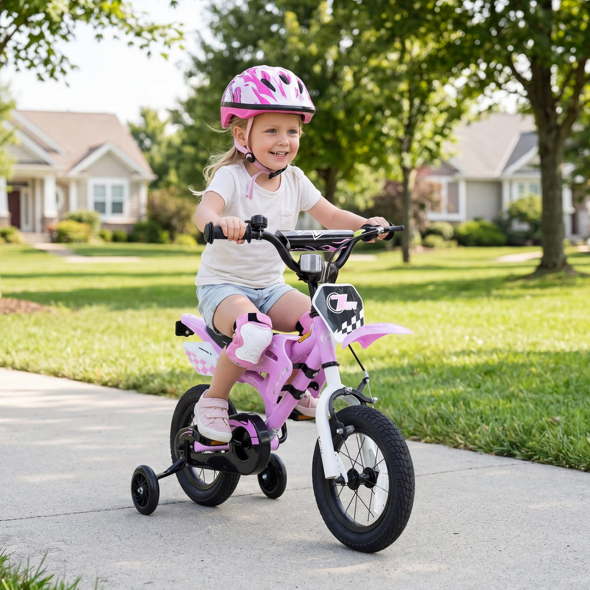 12-inch kids bike with training wheels from GBruno Store, suitable for children aged 3-4, featuring a colorful frame and safety grips.