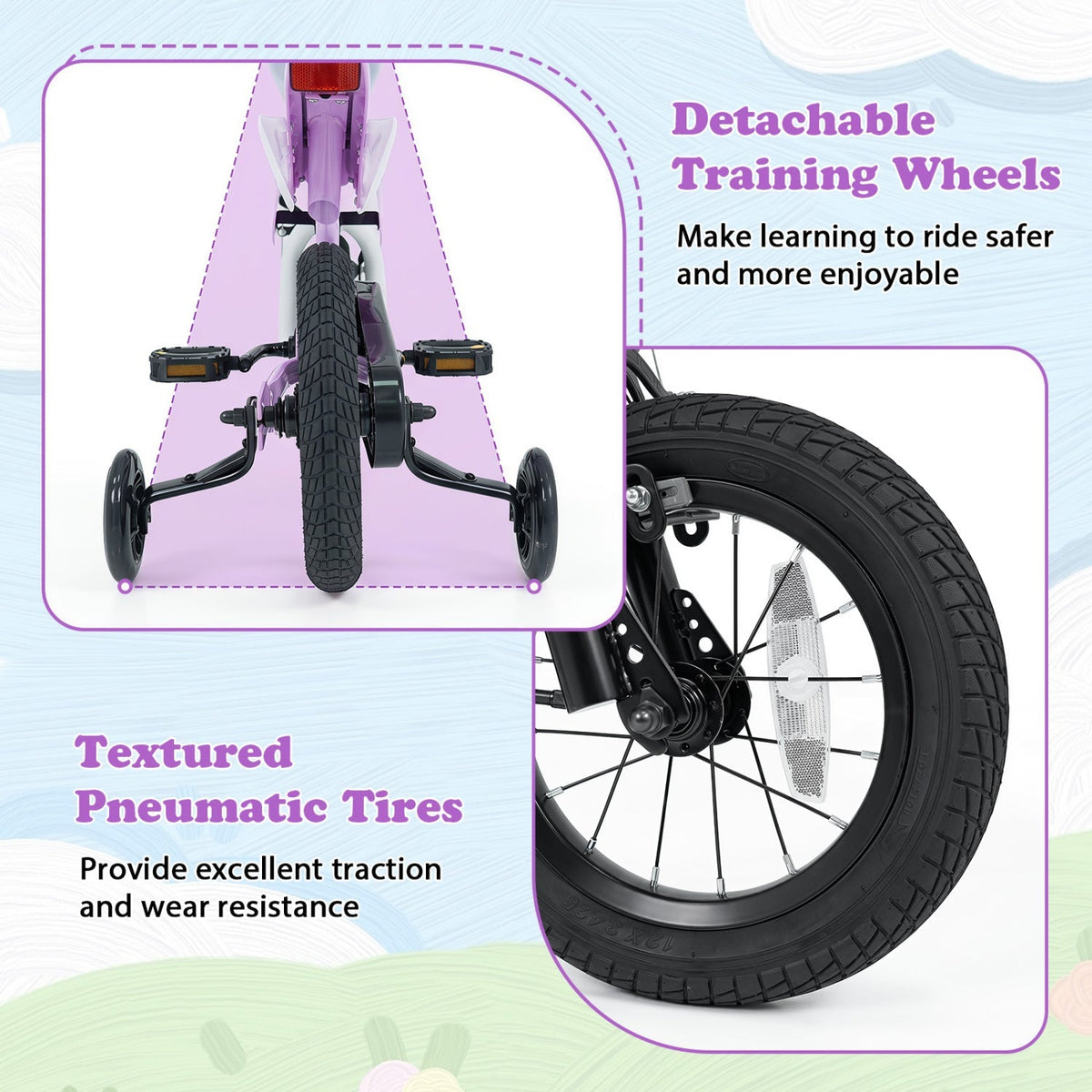 12-inch kids bike with training wheels for ages 3-4, featuring a colorful frame and adjustable seat for young learners.
