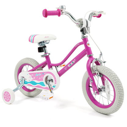 Pink kids bike with 12-inch wheels and training wheels, featuring a sturdy frame and colorful design for young children.