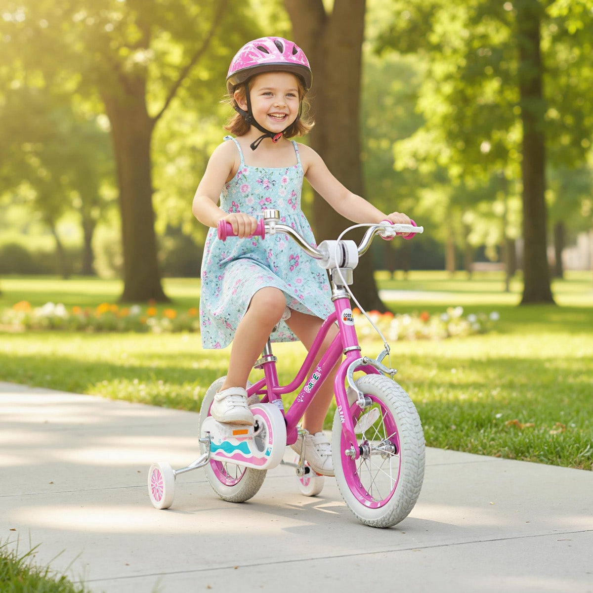 Pink kids bike with training wheels, 12-18 inch size, suitable for children learning to ride, by GBruno Store.