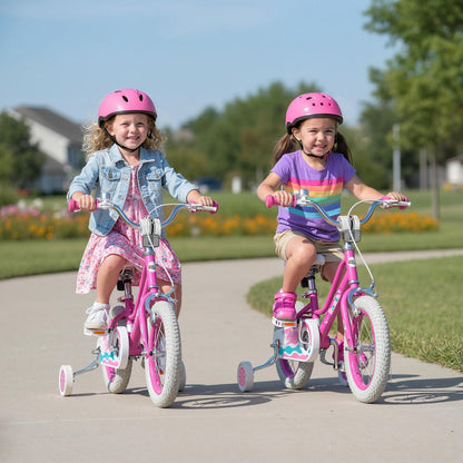 Pink GBruno Store kids bike with training wheels, 12-inch size, designed for children learning to ride a bicycle.