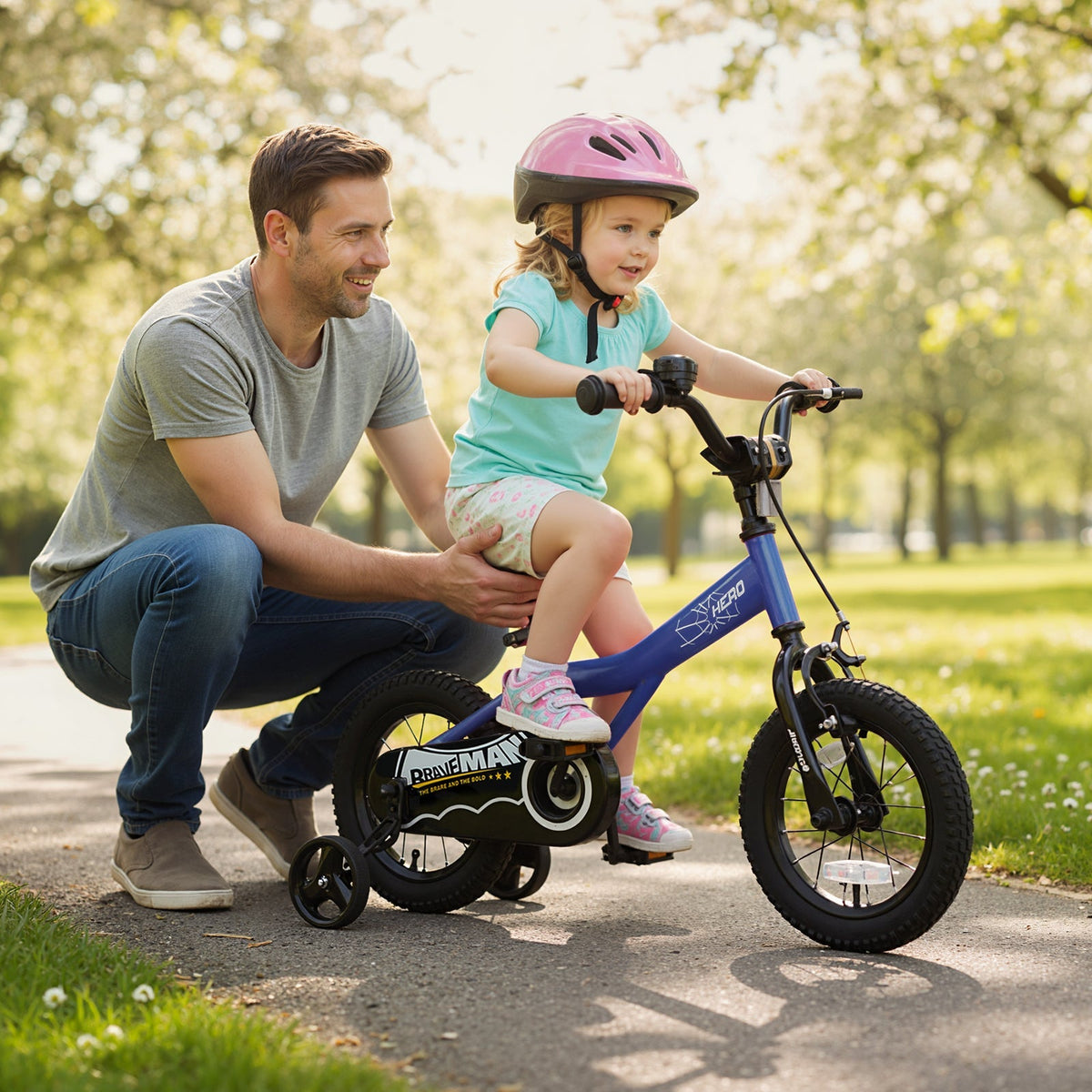 Kids 14-inch navy bike with removable training wheels, suitable for children, featuring a sturdy frame and colorful design.
