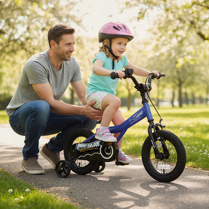 Kids 14-inch navy bike with removable training wheels, suitable for children, featuring a sturdy frame and colorful design.