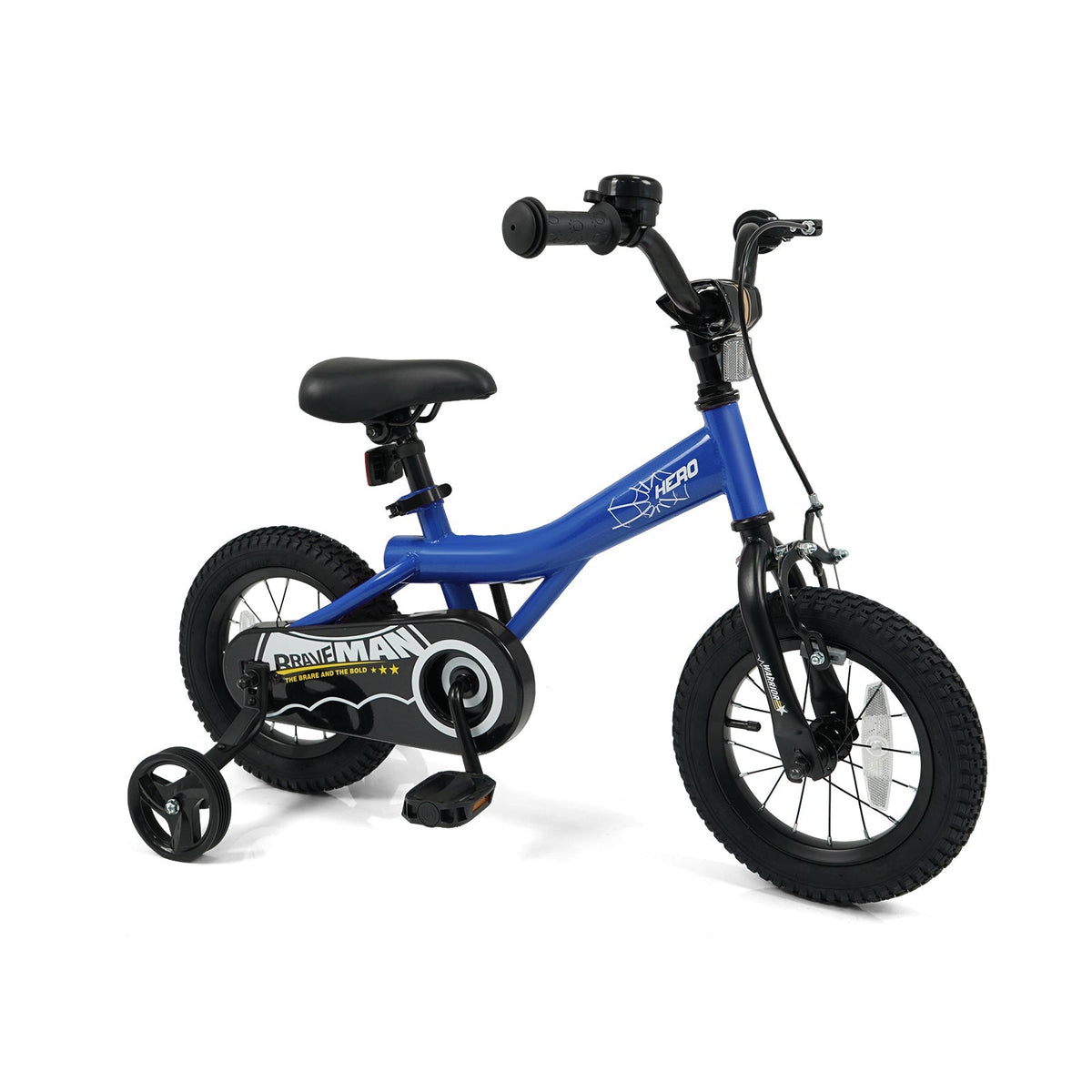 Kids 14-inch navy bike with removable training wheels, designed for young children, featuring a sturdy frame and colorful details.