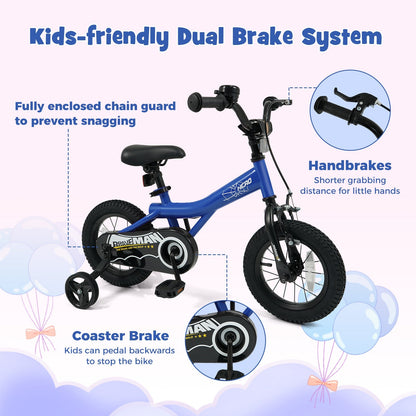Navy 14-inch kids bike with removable training wheels and durable frame, perfect for young children learning to ride.