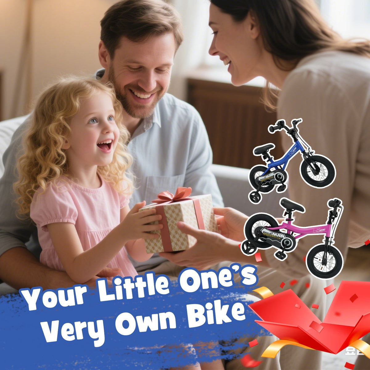 Kids 14-inch navy bike with removable training wheels, featuring a sturdy frame and colorful design for young riders.