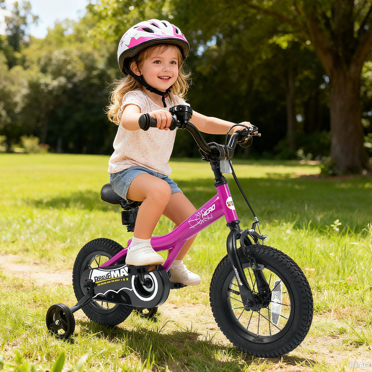 Pink 14-inch kids bike with removable training wheels and GBruno Store branding, designed for young children learning to ride.